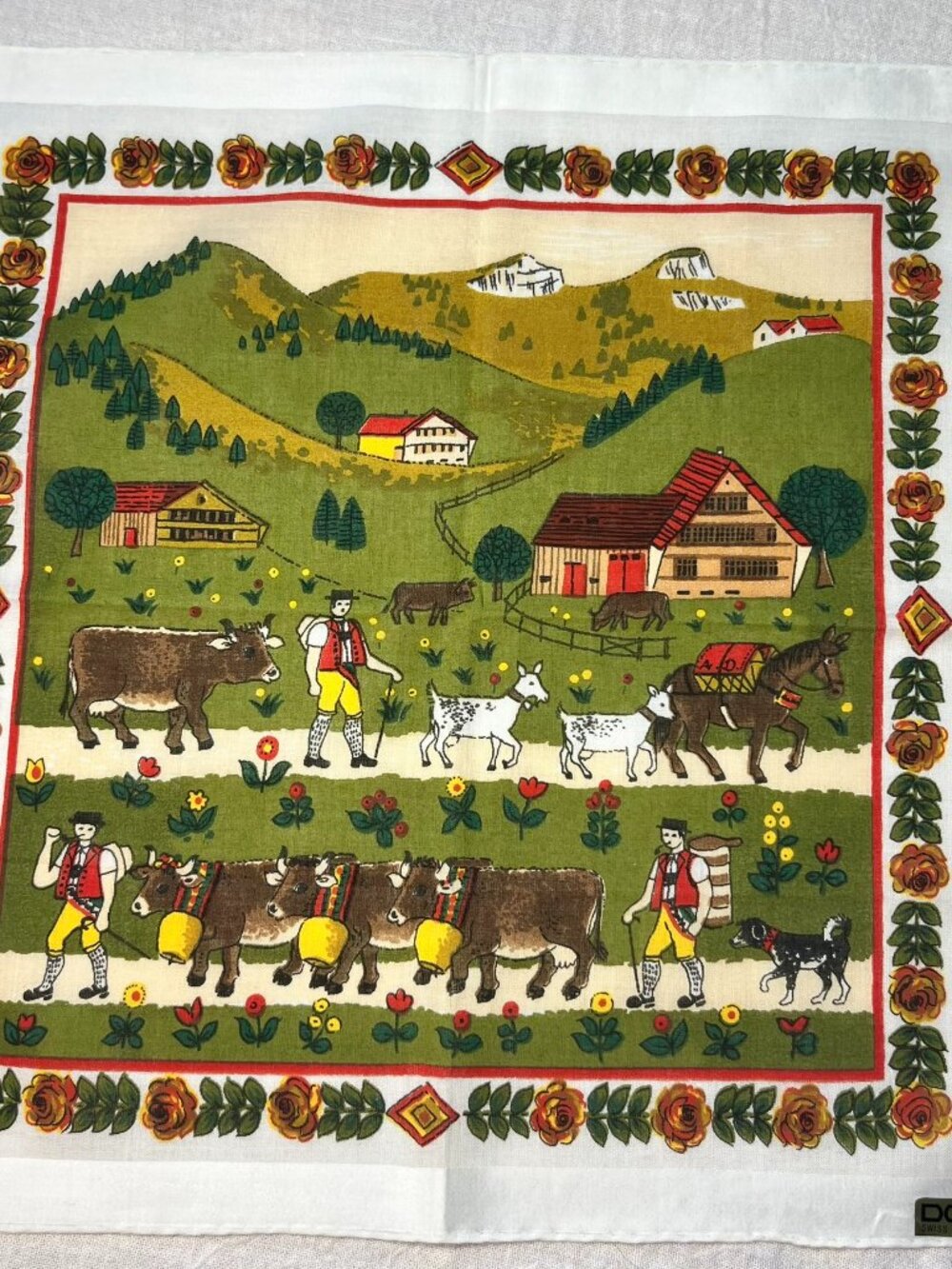 Vintage Doerig Swiss folk art handkerchief pastoral village farm scene 12 x 12
